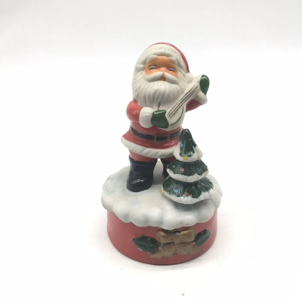 MCM Christmas Santa Claus W/guitar Ceramic Figurine Music Box 4 Repair Japan 6